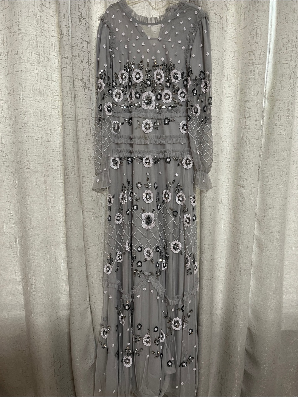Embroidered Grey Floral Mesh Maxi Dress with Sheer Long Sleeves